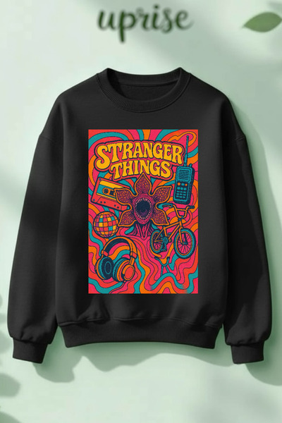 Vordevia Hanorac Stranger Things Design cu imprimeu din bumbac 3 fire B guler...