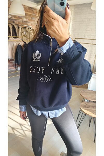 PINARKAYASTYLE سترة نيو يورك مطرزة مبطن بالصوف بثلاثة خيوط وسحاب نصف معدني O ...