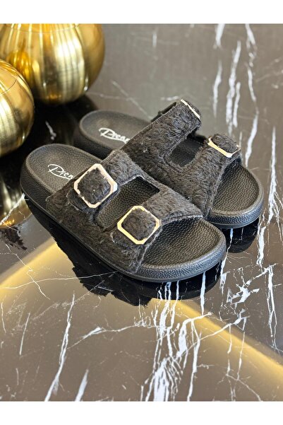 Pienn “PİENN Kadın Kışlık Kürklü Çift Tokalı Günlük Terlik – Siyah”