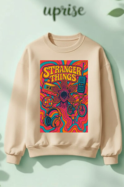 Vordevia Hanorac Stranger Things Design cu imprimeu din bumbac 3 fire B guler rotund O supradimensionat