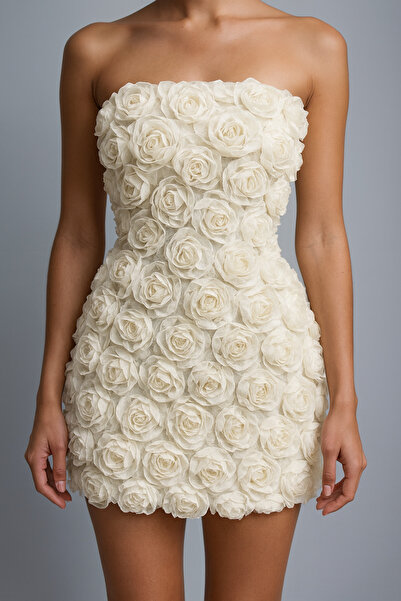 GlamarouX After Party Mezuniyet Beyaz Mini Gul Aplike Abiye Elbise