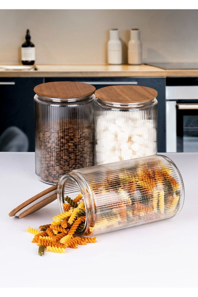 mafa home Set of 3 Striped Easy-To-Clean Wide-Mouth Glass Storage Jars for Le...