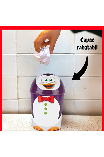 OEM Cos de gunoi mini, pentru decor camera copil si birou, model Pinguin vesel, 4L, fete si baieti