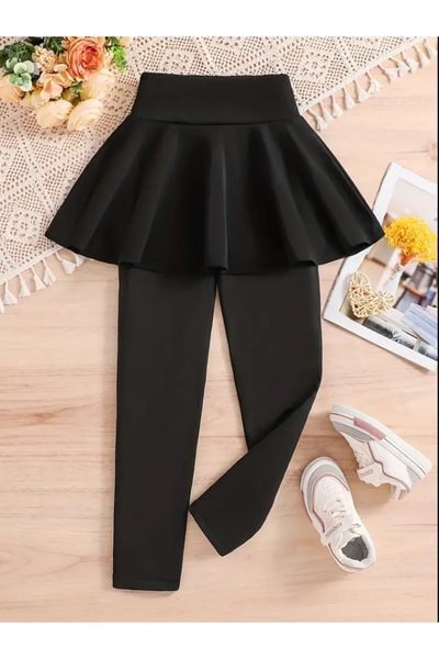 CARABO MODA Girl's High-Waisted Long Leggings with Mini Flare