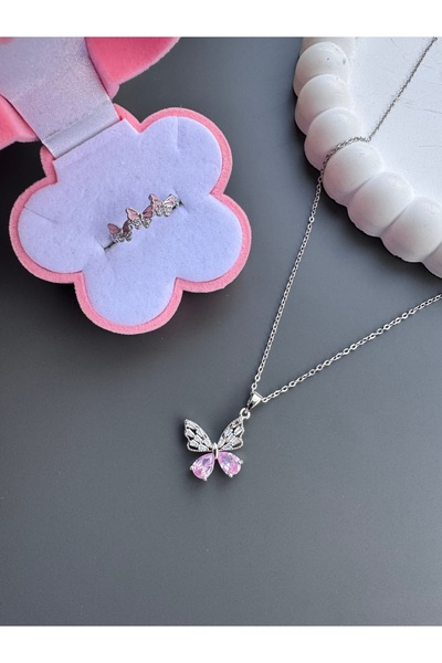 shop PEMBE KELEBEK KOLYE YÜZÜK SETİ ÇELİK