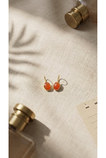 SR Jewelry Box Faset Kesim Turuncu Doğal Taş Küpe | 22 Ayar Altın Kaplama Min...