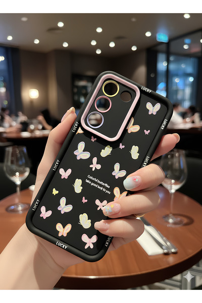 TechTrove Vivo V30 Lite İçin Siyah Zemin Kelebekli ve Renkli Lens Çerçeveli L...