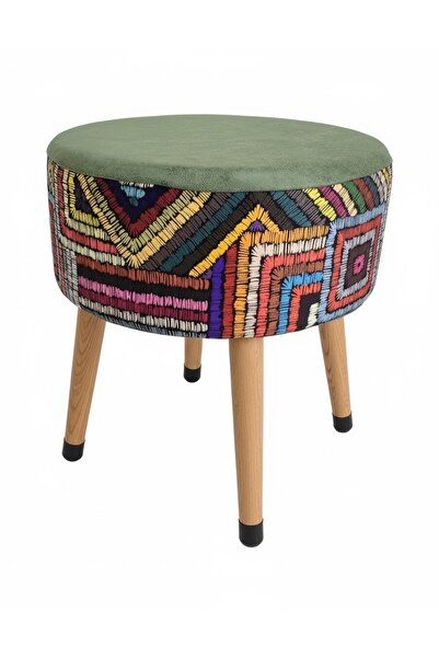 ustaagac Etna Gökkuşağı Yeşil Renkli Puf – 38x43 cm | Gürgen Ahşap Ayaklı, El...