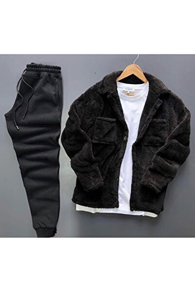 ALİ.COM طقم رجالي مكون من قميص علوي وسفلي من القطيفة - طقم رياضي بأكمام طويلة