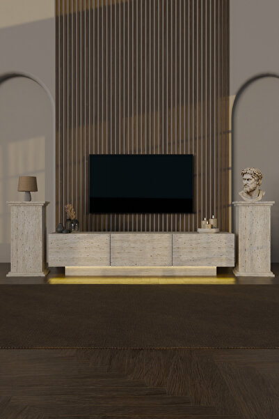 webotto 8 Almadfes Led Işıklı Tv Ünitesi 190cm Sağ ve Sol 2 Yanı Kitaplıklı 3 Kapaklı Modern Çizgi Traverten