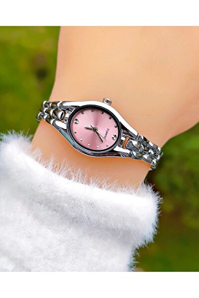 Weluxa ساعة يد نسائية فضية اللون بقرص وردي عتيق