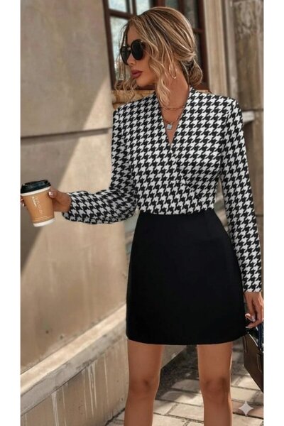 soonaksesuar Women's Long Sleeve Double Breasted Collared Top Diver Bottom Imported Crepe Mini Dress