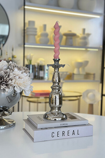 Shura Homeware Palmiye Şamdan Gümüş Metal Dekoratif Şamdan Ev Dekoru