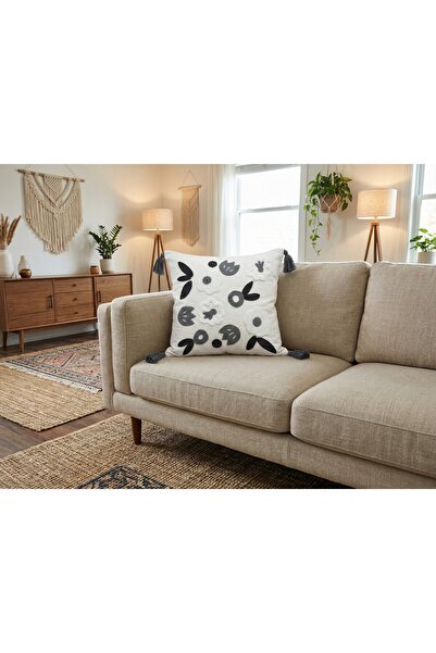 MACASA Bohemian Style Single Punch Embroidered 100% Cotton Ecru Fabric Handmade Plump Tassel Detailed Throw Pillow Cover