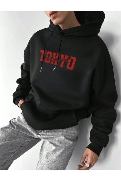 COHERENT Unisex Men/Women Red Tokyo Colorful Custom Printed Cotton Oversized Hooded Sweatshirt