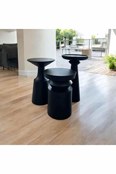 Simillo Home&Living Siyah Masif Ahşap Mantar Sehpa 3’lü Set Yan Sehpa ve Fiskos