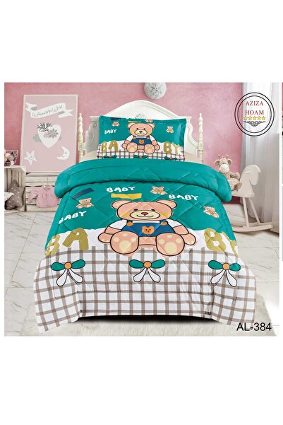 FABRIC Children's comforter with a bear and rose design in green and white. 3...