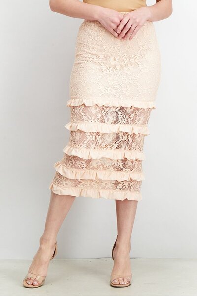 Love Triangle Women Lace Tiered Midi Skirt, Peach