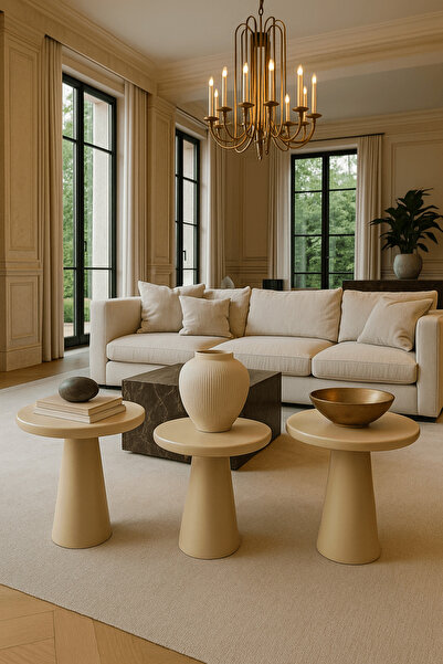 Simillo Home&Living Ahşap Mantar Sehpa 3’lü Set – Krem Renkli Zigon Set