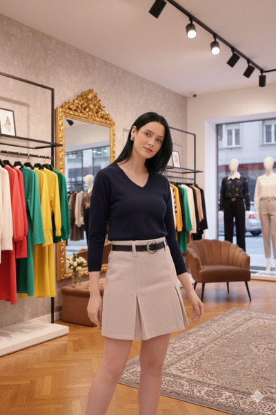 mooishan Novel Women's High Waist Pleated Belted Cashmere Mini Skirt Fashion-1