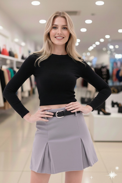 PENGORA Alexia Women's High Waist Belted Pleated Cashmere Mini Skirt New Season