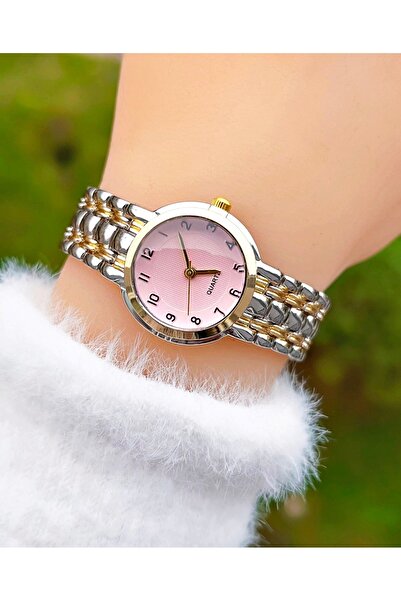 Weluxa Silver Gold Two Tone Pink Dial Vintage Women Wrist Watch