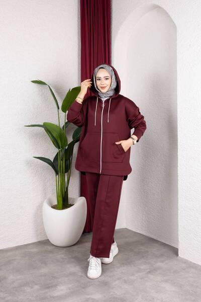 Weak Blue Oversized Hooded Tracksuit Set Hijab Sportswear – Burgundy Color