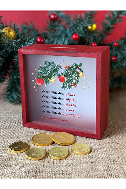 Hepsi Enteresan Para Çikolatalı Ahşap Yılbaşı Kumbarası, Yeni Yıl Hediyesi