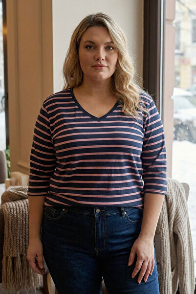 Stil Diva Plus Size V-Neck Poor Sleeve Striped Thin Sweatshirt 10971118