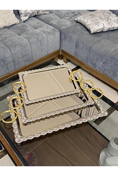 aljahwari Nickel serving tray set with gold handle