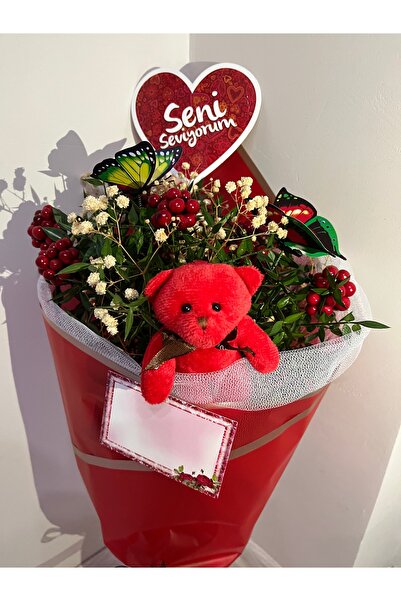 greendeco Kokina aranjman çiçeği kırmızı buket (kelebek -Ayıcık-Seni seviyorum - cipso) şans