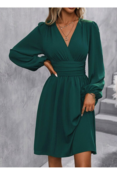 Masspera Kadın Uzun Kollu Kruvaze Yaka Bel Korsajlı Mini Elbise