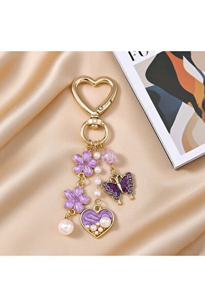 Hilosh Purple Butterfly Flower and Pearl Detailed Heart Bag and Keychain Acce...