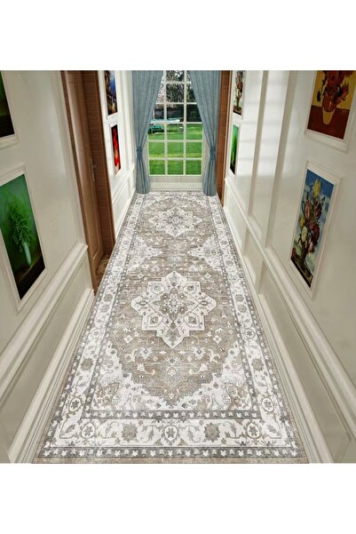 FABRIC مفرش ممر بتصميم تركي مقاس $80 \times 300$ سم بلون البيج والرمادي الفاتح.