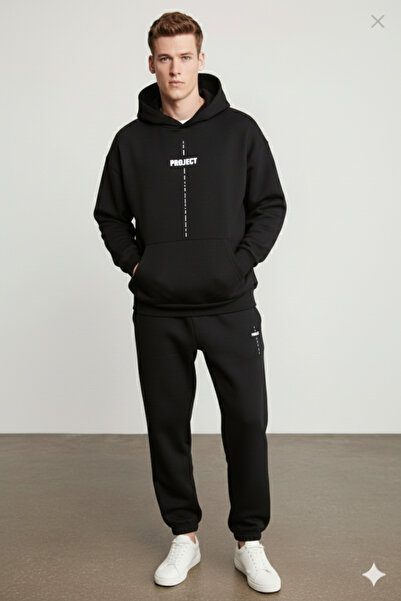 NİCE Ανδρική φόρμα Project με λεπτομέρεια εκτύπωσης oversized Three Thread με κουκούλα 100% οργανικό βαμβάκι - Σετ κάτω και επάνω μέρος