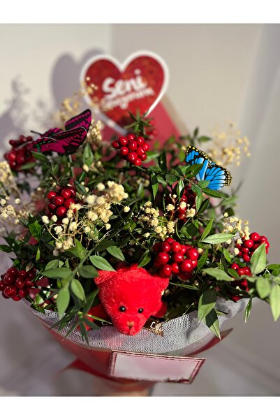 greendeco 9 DAL Kokina kırmızı buket aranjman ( Kelebek -Ayıcık-seni seviyorum -cipso )