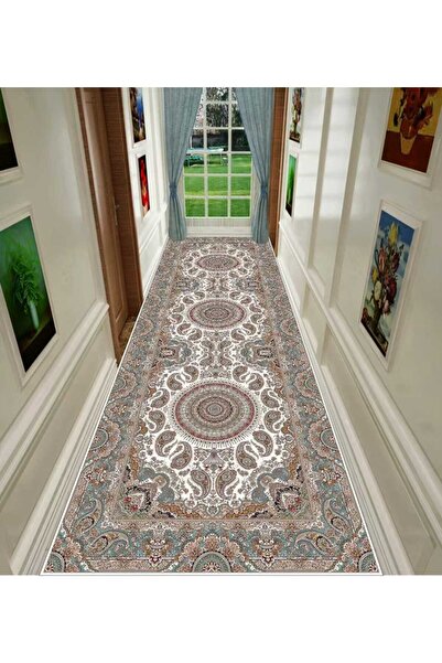 FABRIC مفرش ممر بتصميم شرقي مقاس $80 \times 300$ سم بلون الأبيض والأخضر والأحمر.