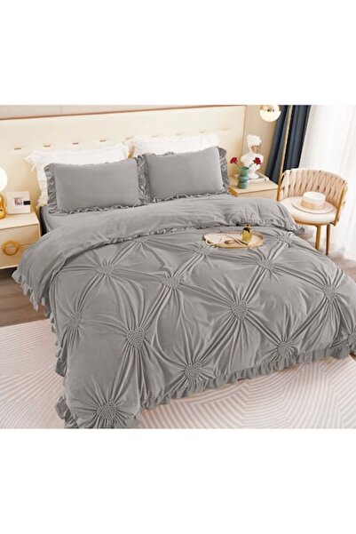 OEM Double Bed Linen - Cocolino Velvet with Embroidered Pleats & Ruffles, 4-piece, Grey