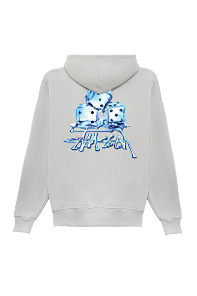 THE RULE Unisex Stüssy Ice Cube Printed Oversized Bowl Cut Cotton 3 Thread Ş Fleece-Lined Gray K Hooded Sweatshirt