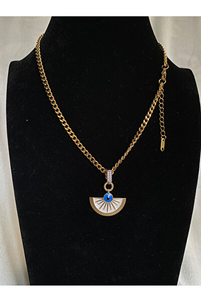 Bade Nazar Boncuklu Yelpaze Model Mineli 40 CM 316L Çelik Kadın Kolye