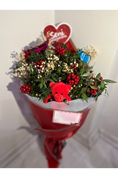 greendeco 9 DAL Kokina kırmızı buket aranjman ( Kelebek -Ayıcık-seni seviyoru...
