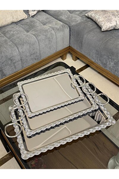 aljahwari 3-piece serving tray set, shiny silver