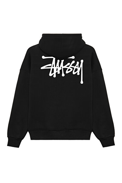 THE RULE Unisex Stüssy Back Lettering Printed Oversized Loose Fit 3 Thread Ş Fleece-Lined Black K Hooded Sweatshirt