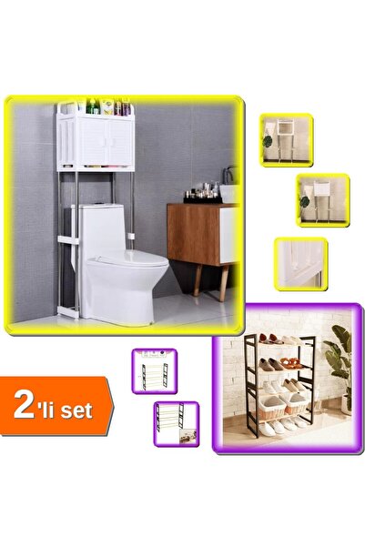 HerEveOyuncak Banyo Düzenleyici Raf Dolabı + 4 Katlı Ahşap Ayakkabılık - 2li ...
