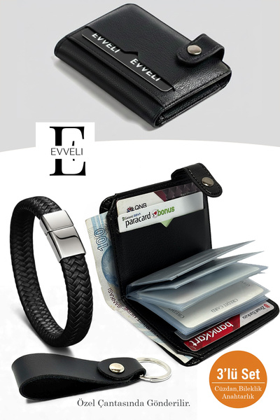 EVVELİ Cüzdan Kartlık Deri Bileklik ve Anahtarlıklı Hediye Seti