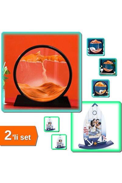 HerEveOyuncak Dekoratif Sulu Kum Saati + Ahşap Marin Çerçeve Model 1 - 2li Se...