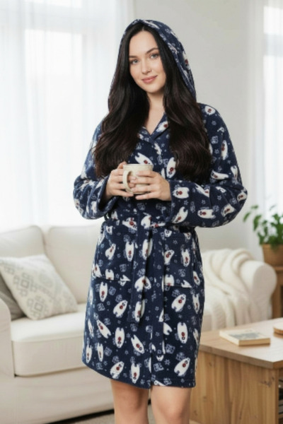 Star Fashion Halat dama cu gluga, tip capot de casa, din polar, pentru sezonul de iarna,cu cordon