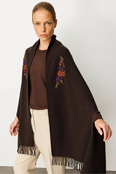 Desen Triko Women's Embroidered Collar, Sleeve-Through, Large Wool Poncho 25060 Dark Brown