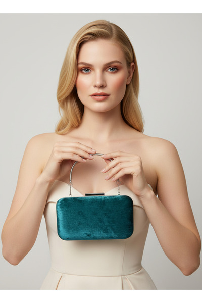 Wedding Fashion Green Silver Detailed Luxury Wavy Velvet Women's Evening Dres...