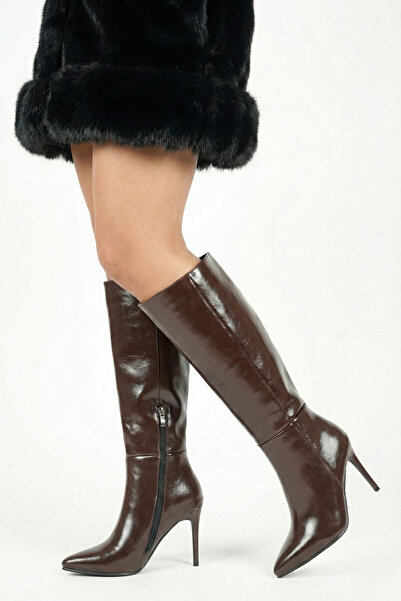 TrendyAnka Kadın Sivri İnce 9 Cm Topuklu İçi Kürklü Çizme Yandan Fermuarlı Çi...